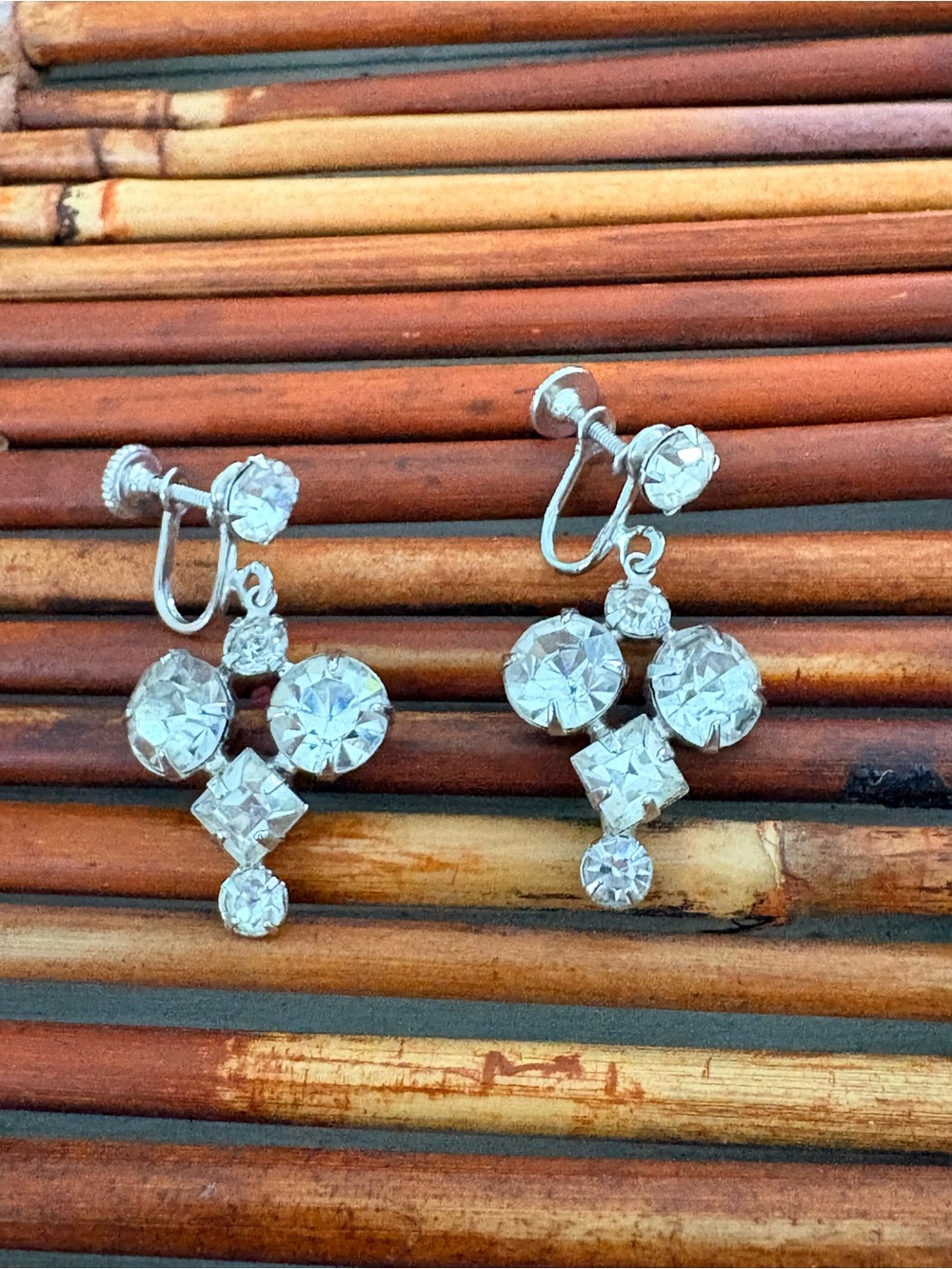 Vintage Style Silver-Tone Clear Crystal Screw Back Drop Earrings